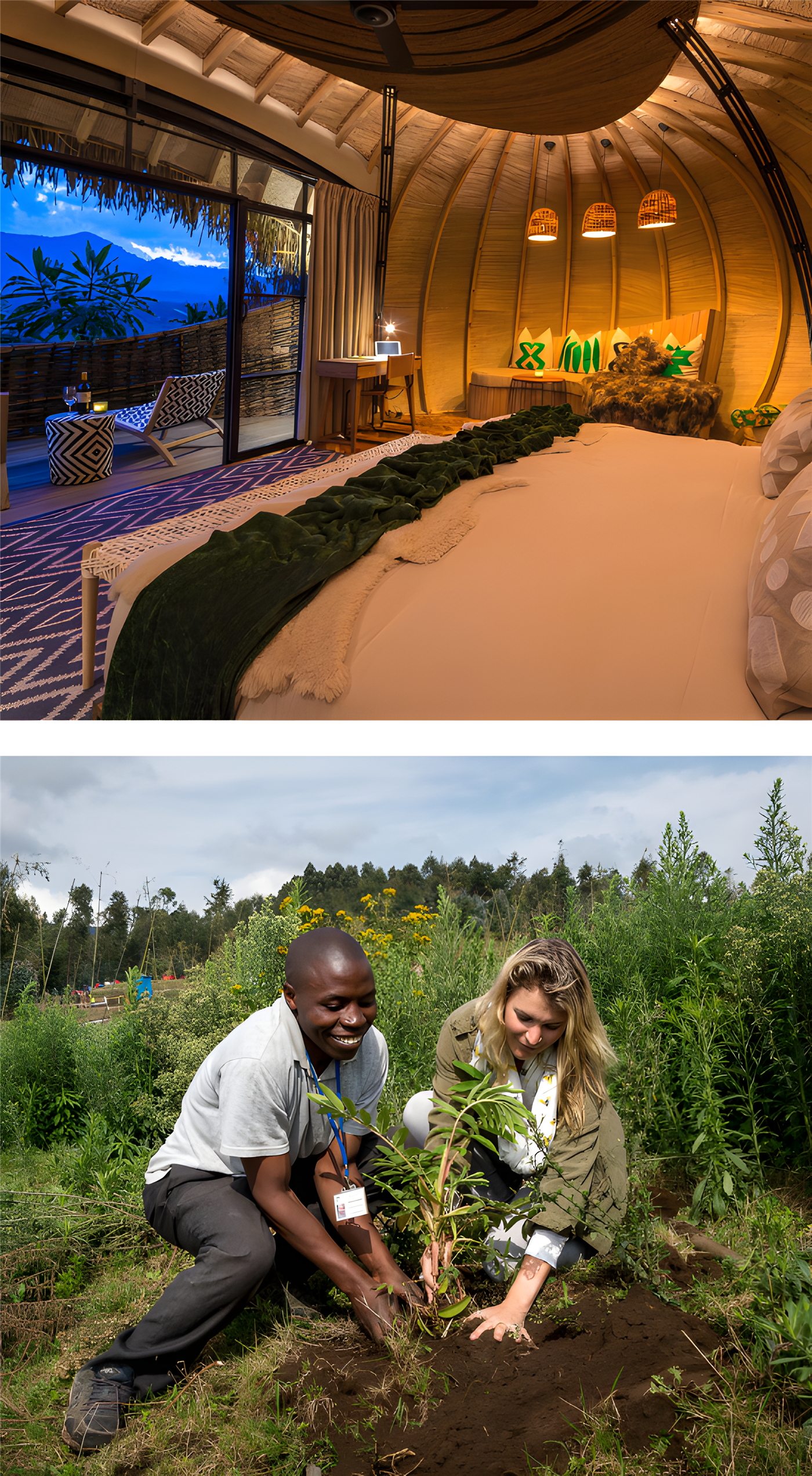 One of the rooms at Wilderness Bisate (top). This resort take's its responsability to the environment seriously with tree planing and other community initiatives to ensure a positive impact on the region.