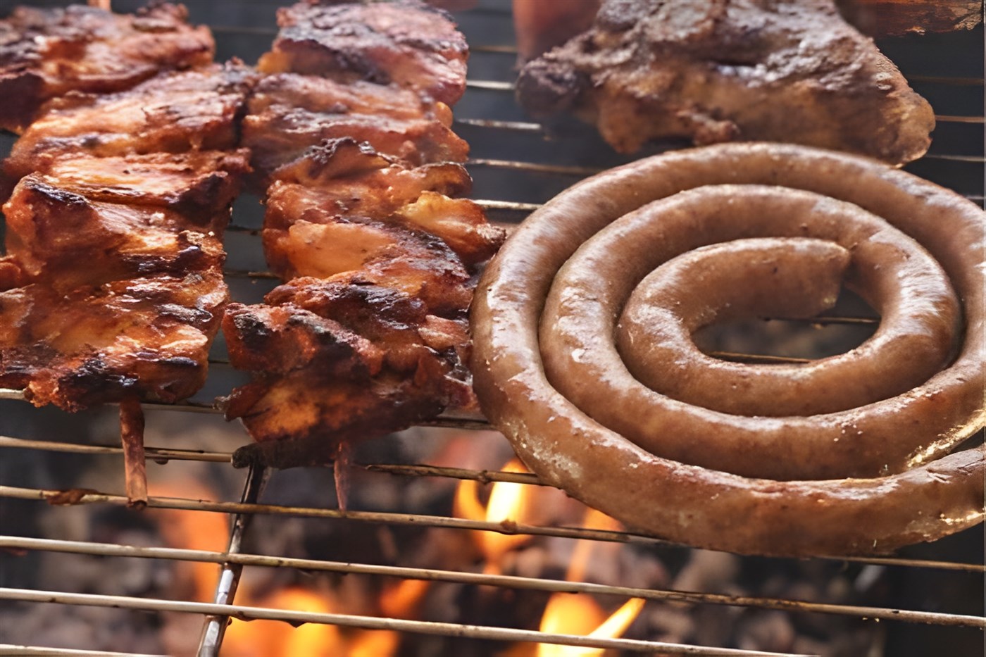 Meat on a metal grill over a wood fire
