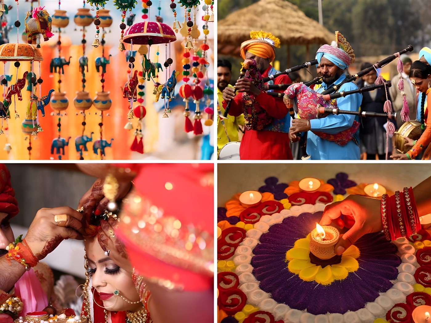 A photo montage of four images showing aspects of cultural ife in India that those who visit India might experience.