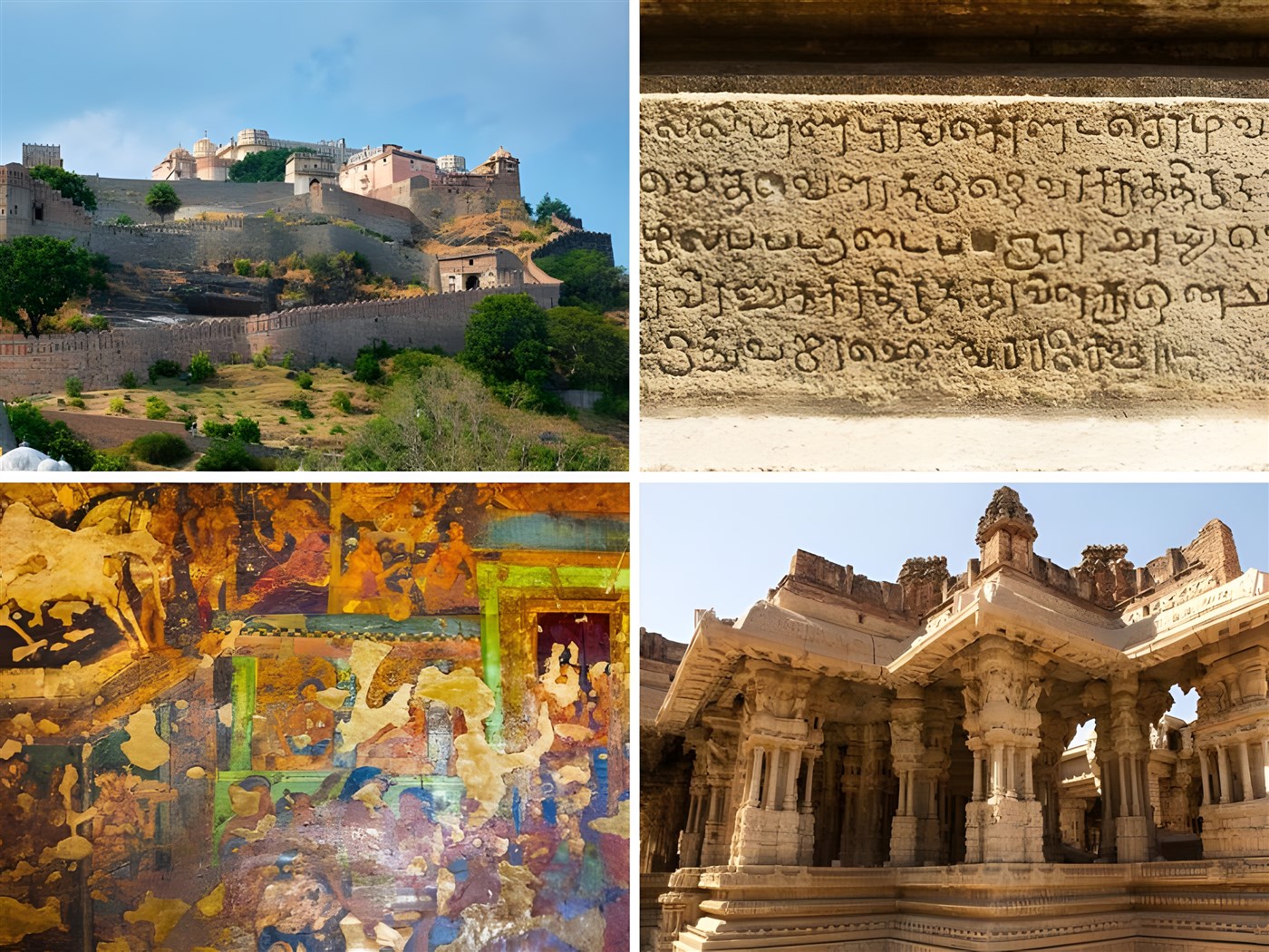 Photomontage with four images showing examples of historical artefacts, places or buildings in India.