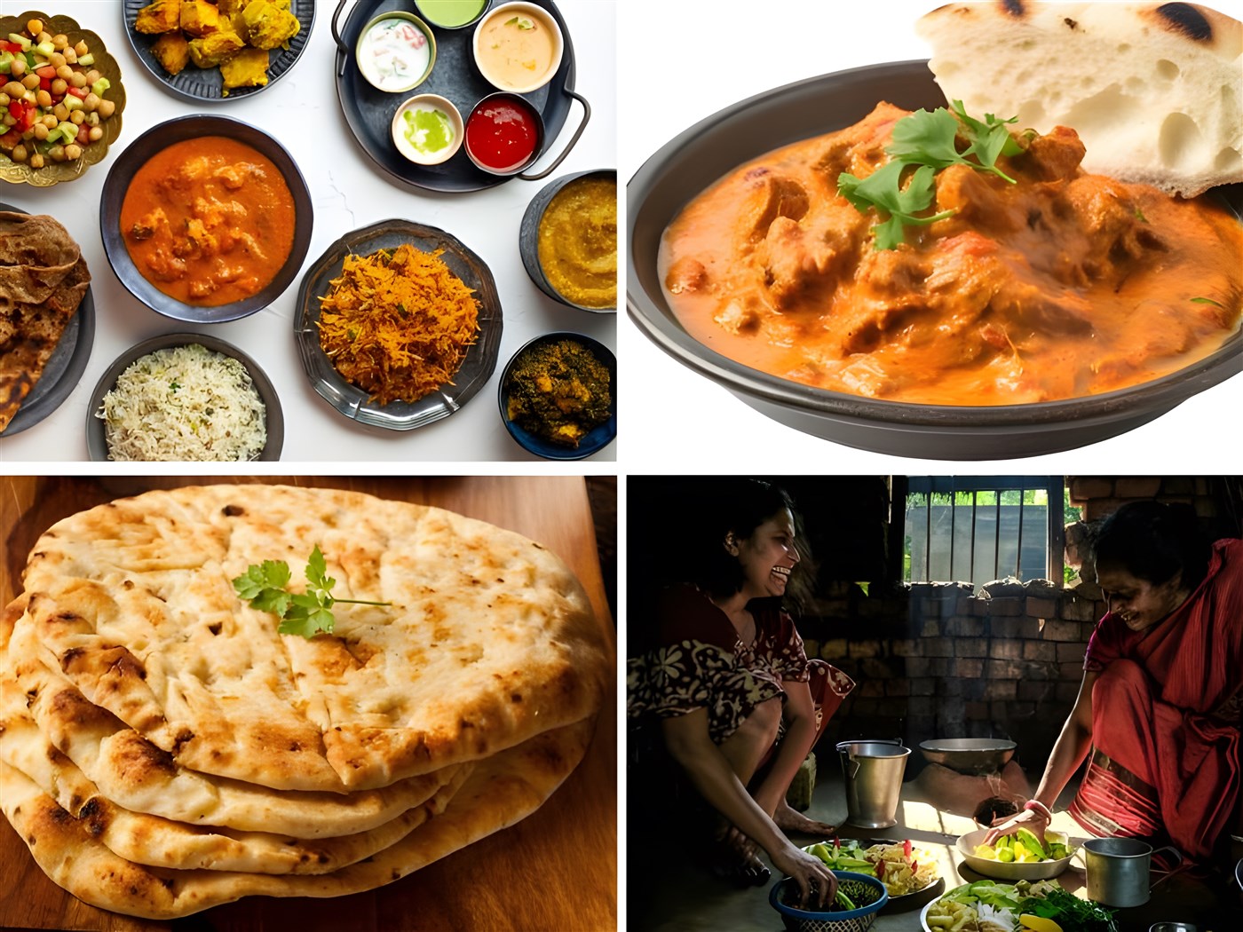 Four-up photomontage with four images chosen to show the variety of cuisine in India.