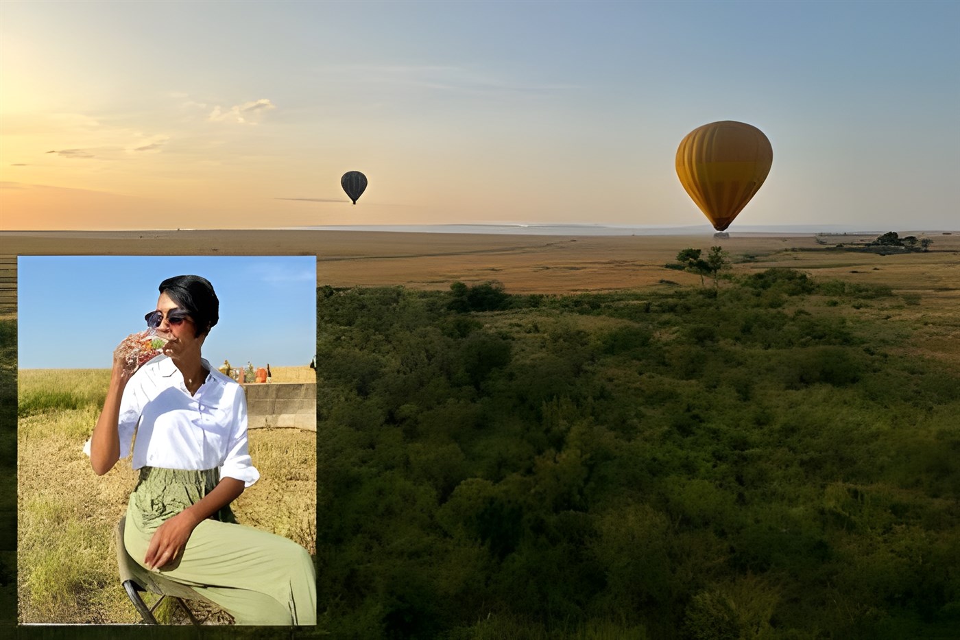 Hot Air Balloons flying over the grassy Savannah in Kenya, Africa. Insert Sheree Atcheson drinking sparkling wine. Photos By Sean and Sheree Atcheson.