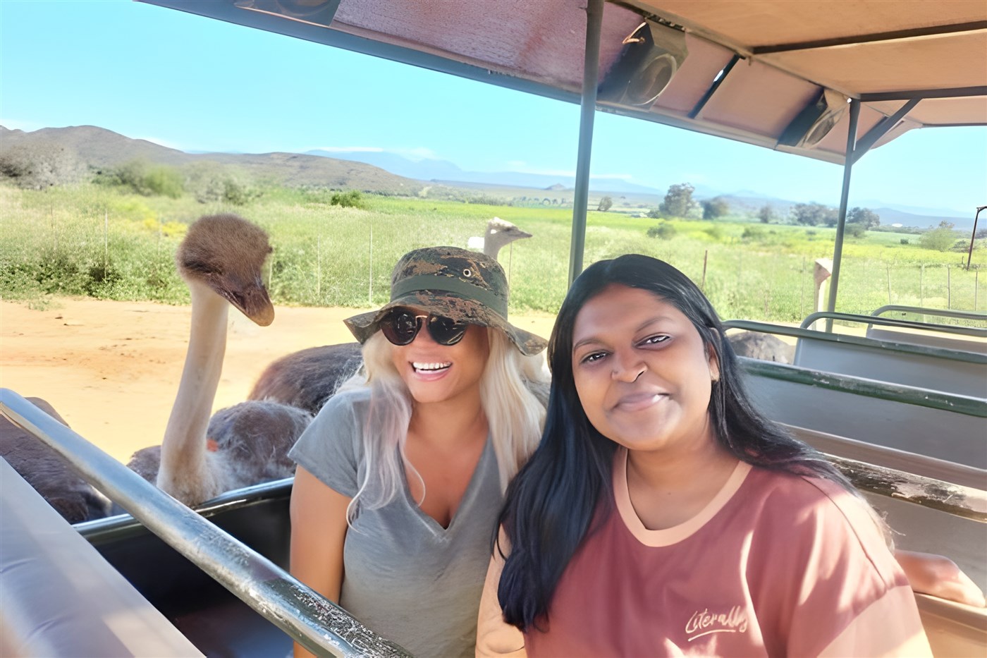 Two ladies in an open backed vehicle on an 'ostrich safari' in Oudtshoorn, South Africa. A curious ostrich is trying to get in on the picture in the background.
