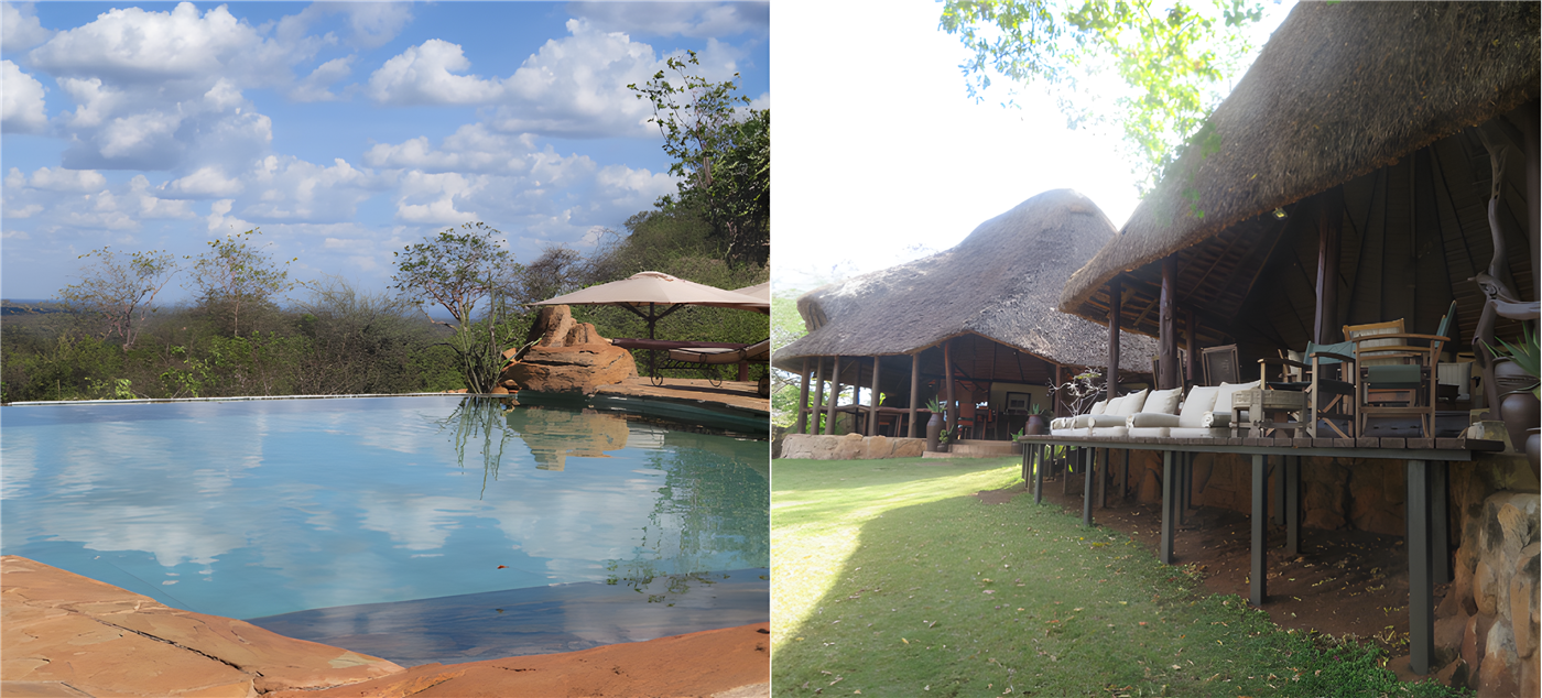 A composite image of a swimming pool on the left and on the right an image of cottages at a lodge