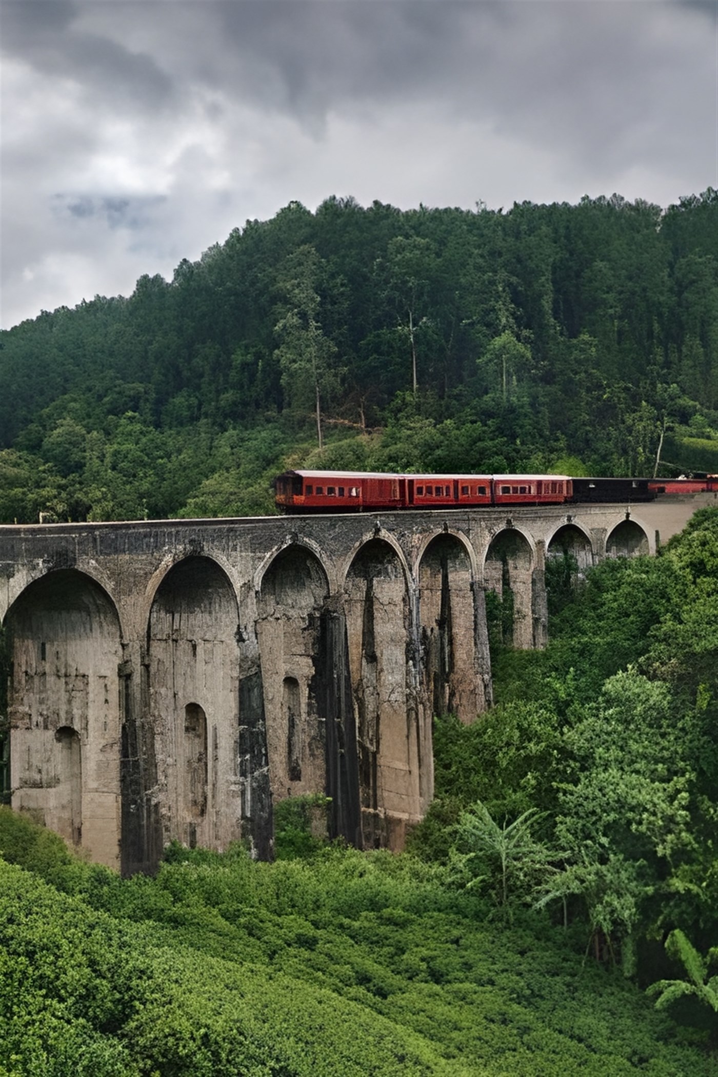 A Train making its way over the iconic nine-arch bridge in Sri Lanka.