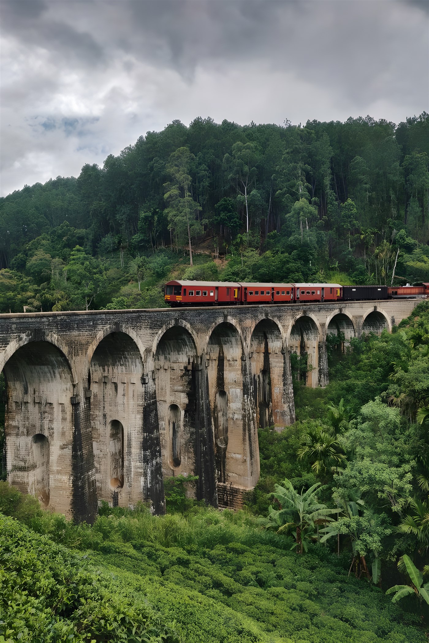 A Train making its way over the iconic nine-arch bridge in Sri Lanka.