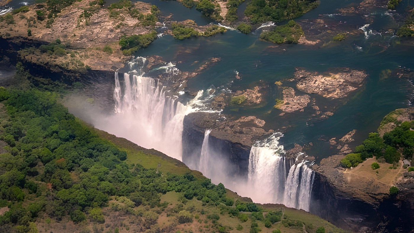 An aerial photo showing Victoria Falls 