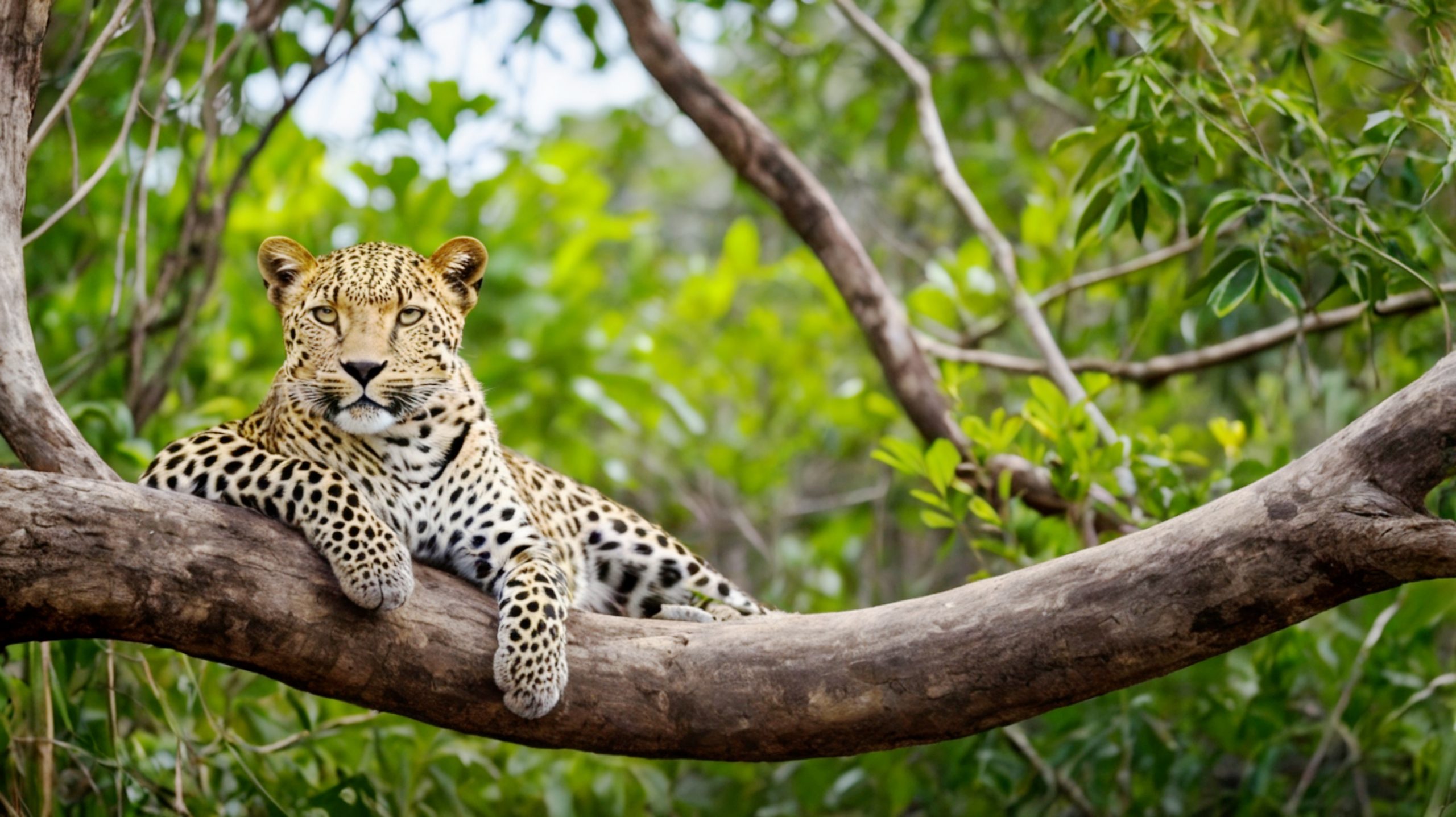 A Sri Lankan leipart lying in the crook of a tree limb in one of the wild areas of Sri Lanka