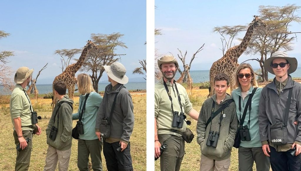 Liz Collinge and her family on a safari adventure in Kenya with Somak Luxury Travel posing in front of a giraffe.