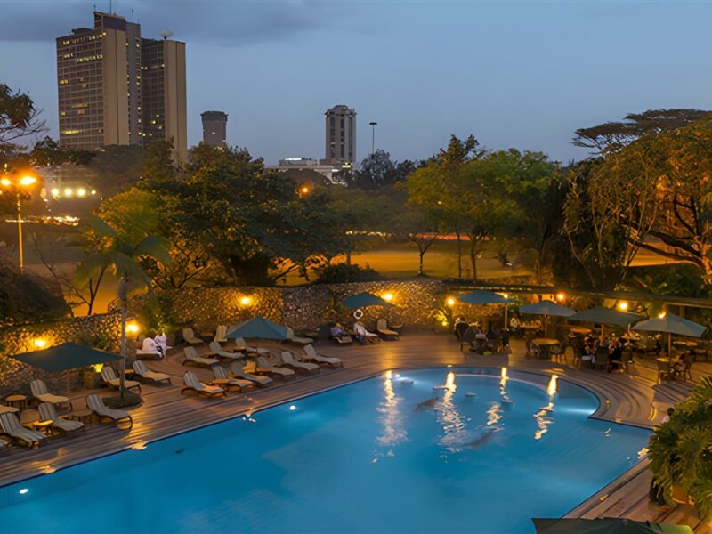 Pool area at dusk