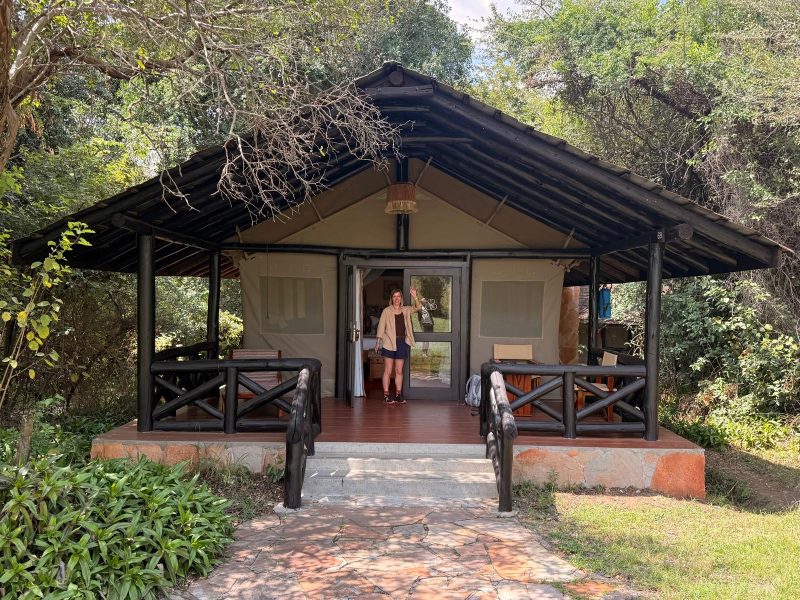 Liz standing in front of the family tent at Samburu Intrepids camp in kenya